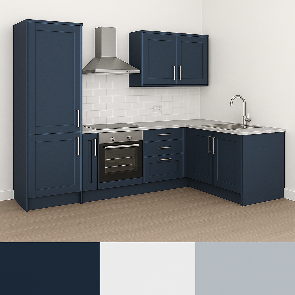 Complete Stratto Kitchen – Cabinets + Appliances Pack – Indigo / White / Grey