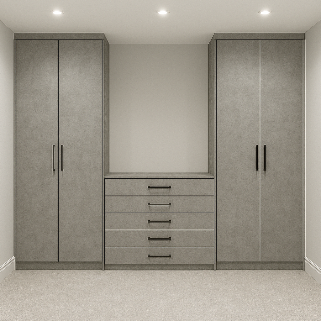 3M Bedroom Wardrobe & Drawer Set – 2x Tall Cabinets + Central Drawers