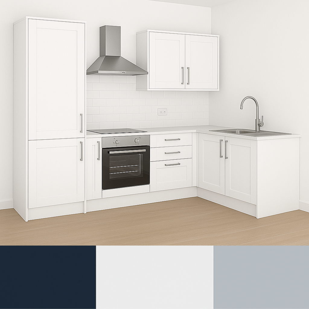 Complete Stratto Kitchen – Cabinets + Appliances Pack – Indigo / White / Grey