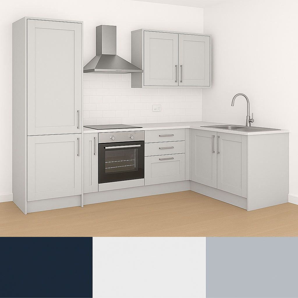 Complete Stratto Kitchen – Cabinets + Appliances Pack – Indigo / White / Grey
