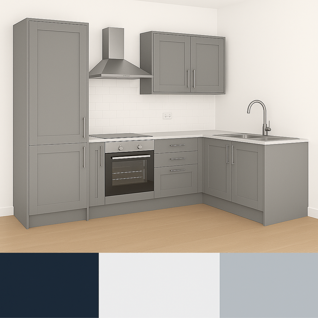 Complete Stratto Kitchen – Cabinets + Appliances Pack – Indigo / White / Grey