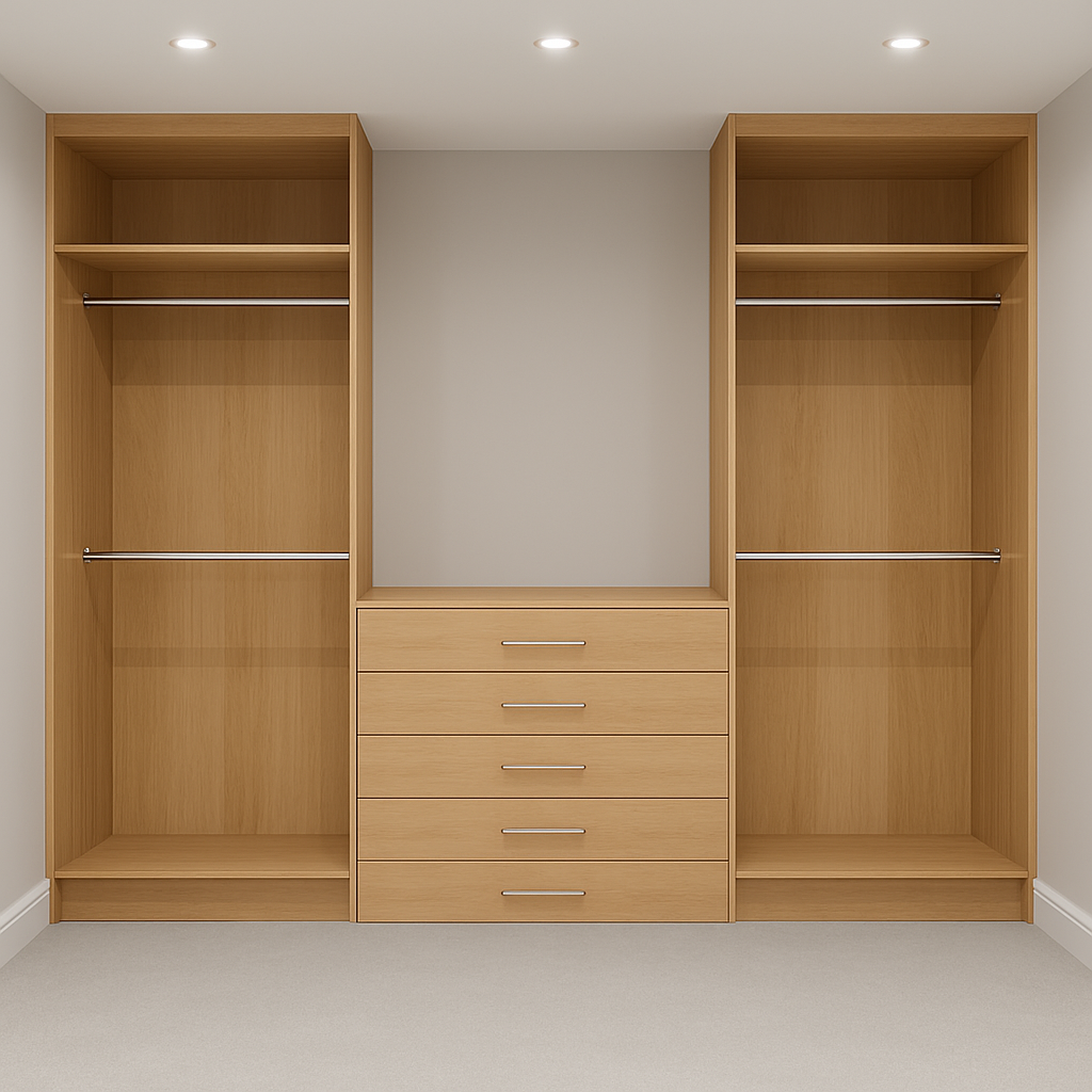 3M Bedroom Wardrobe & Drawer Set – 2x Tall Cabinets + Central Drawers