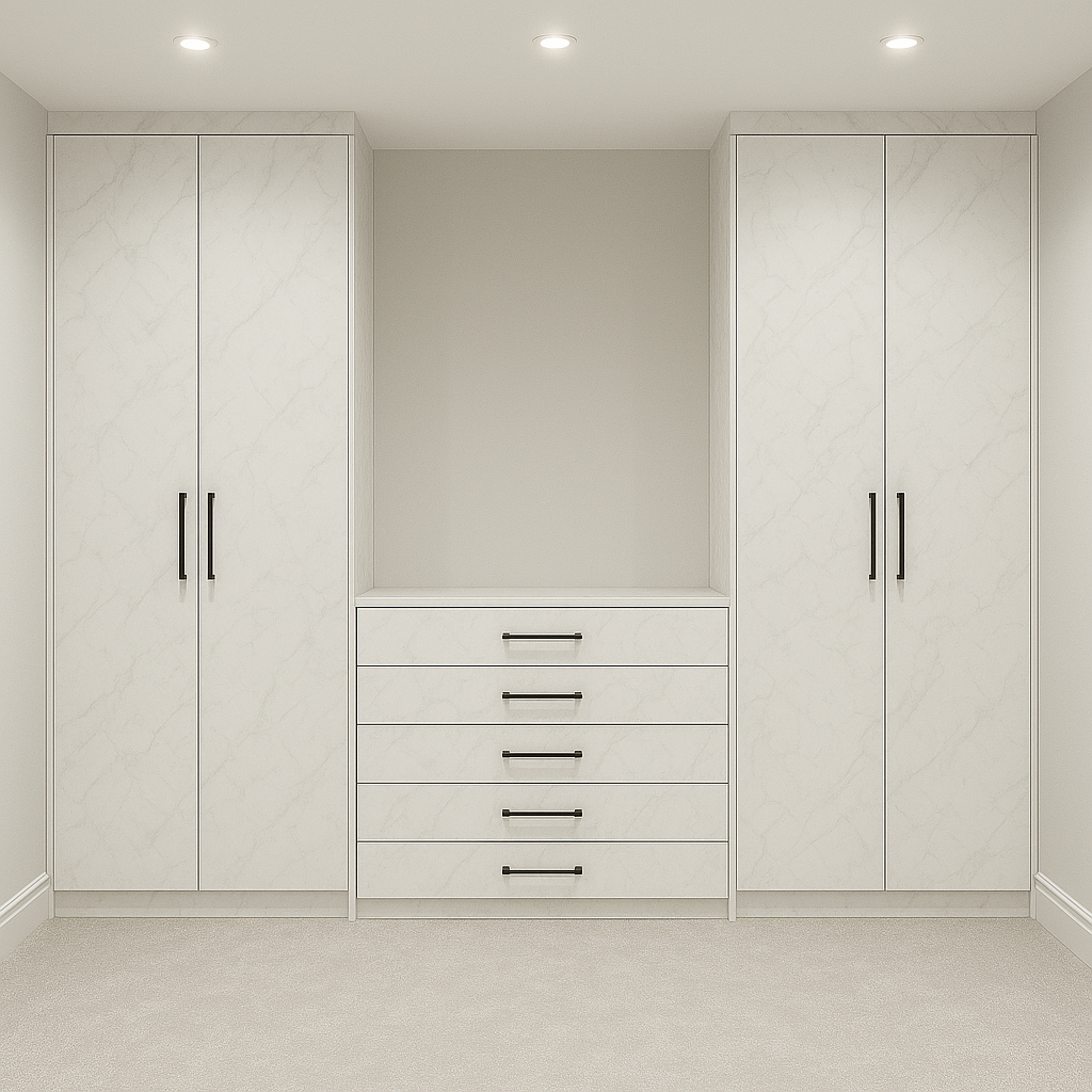3M Bedroom Wardrobe & Drawer Set – 2x Tall Cabinets + Central Drawers